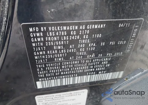 2011 Volkswagen Tiguan Se из США, поврежденный, VIN WVGAV7AX2BW555876